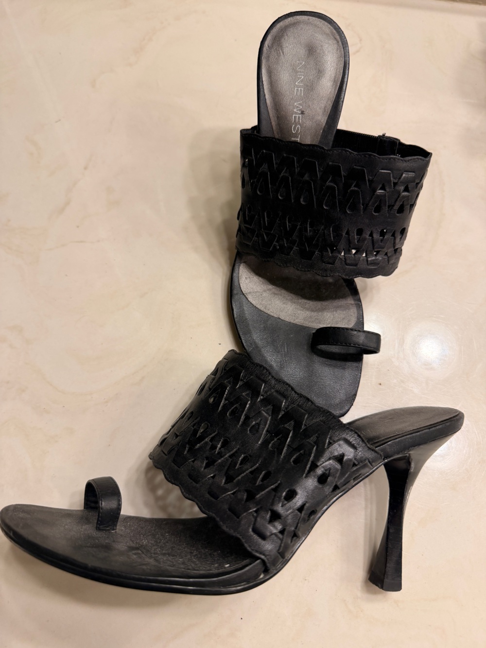 Black Woven Leather Open-Toe Heeled Sandals - Women's wi